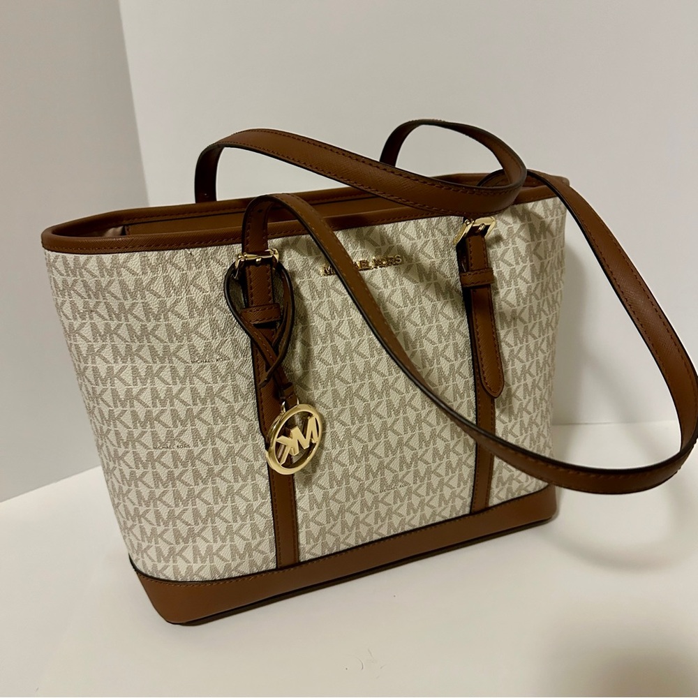 Michael Kors Tan and Cream Signature Jet Set Travel Tote